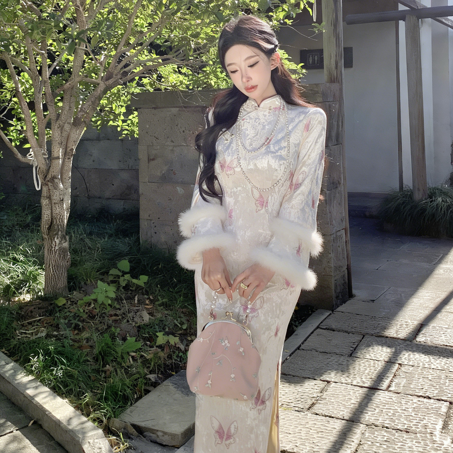 Mimo dk云蝶新中式粉蝴蝶丝绒改良旗袍女冬装拼接毛毛加厚连衣裙