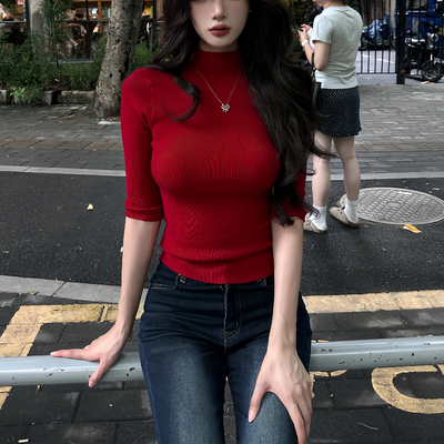 Mimo dk极简知性半高领打底针织衫女内搭修身显瘦中袖正肩上衣女