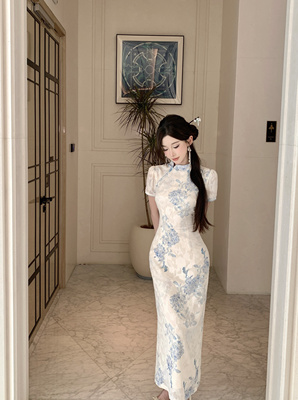 新中式国风清冷感印花蓝色旗袍连衣裙女夏季温婉收腰显身材长裙子