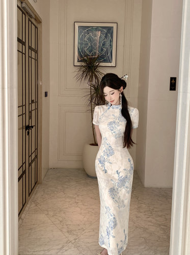 新中式国风清冷感印花蓝色旗袍连衣裙女夏季温婉收腰显身材长裙子