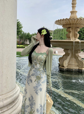 纯欲风蕾丝拼接印花吊带连衣裙女夏法式气质度假长裙开衫两件套