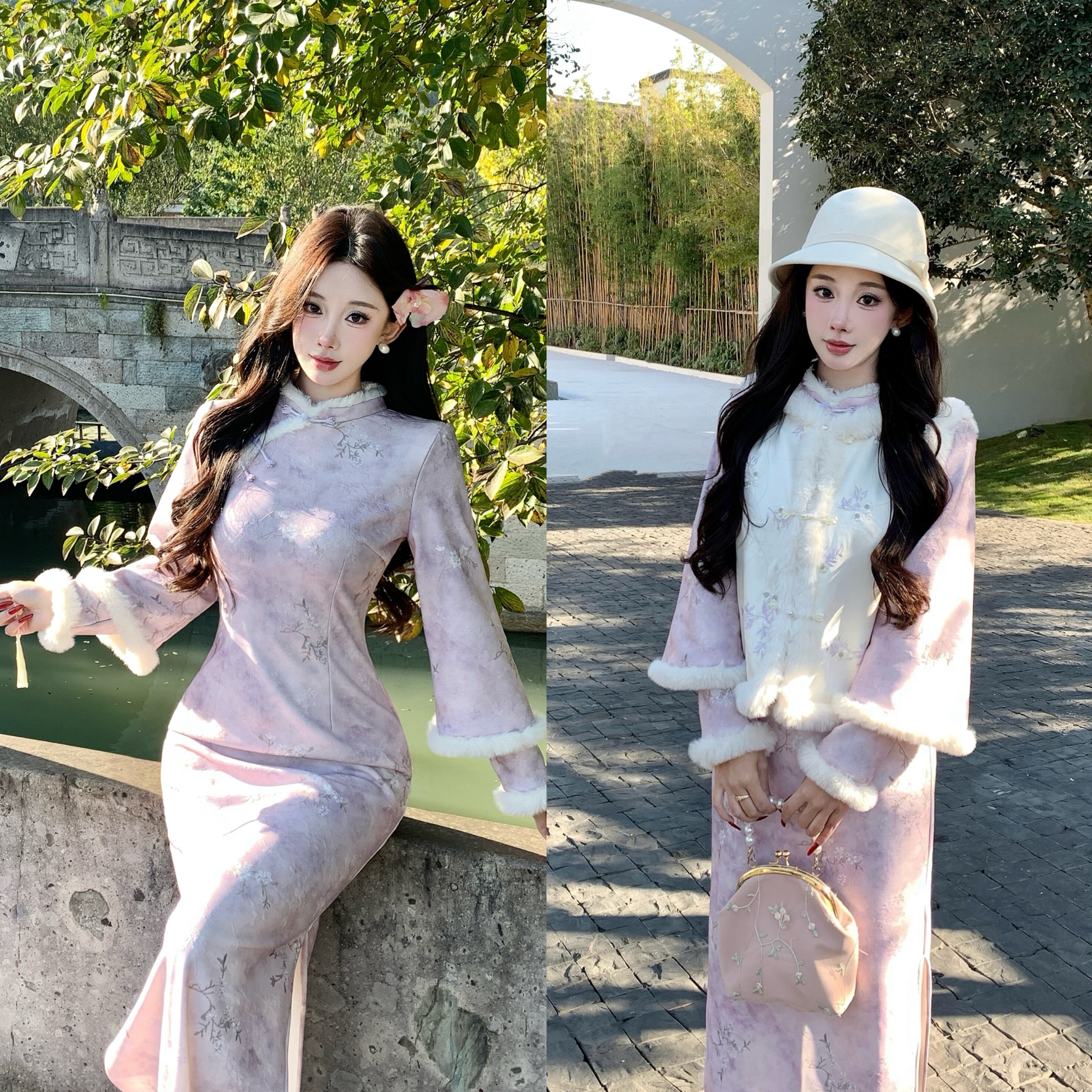 新中式紫色改良旗袍加厚减龄温柔复古国风连衣裙秋冬马甲气质套装