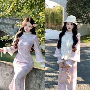 新中式紫色改良旗袍加厚减龄温柔复古国风连衣裙秋冬马甲气质套装