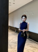 蓝色修身 针织包臀连衣裙女打底长裙高级感气质御姐风裙子 无袖
