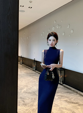 蓝色修身无袖针织包臀连衣裙女打底长裙高级感气质御姐风裙子