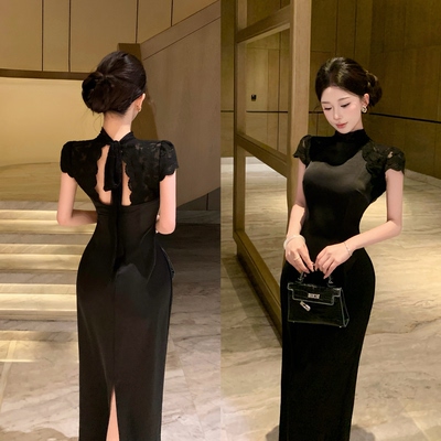 Mimo dk法式复古蕾丝拼接黑色旗袍女春夏修身显瘦气质无袖连衣裙