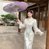 Mimo 清宫白羽紫花旗袍 针织提花毛毛秋冬旗袍 dk新中式 国风厚款