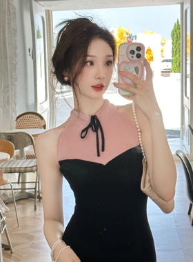 复古温柔立领盘扣优雅改良旗袍挂脖连衣裙拼色修身显瘦针织包臀裙