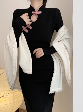 新中式复古改良版黑色旗袍连衣裙2023秋冬季立领温柔显瘦设计感裙