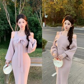 温柔甜美4way裙 显瘦针织连衣裙千金风两件套 修身 绑带灯笼袖 罩衫