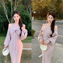 温柔甜美4way裙 绑带灯笼袖罩衫修身显瘦针织连衣裙千金风两件套