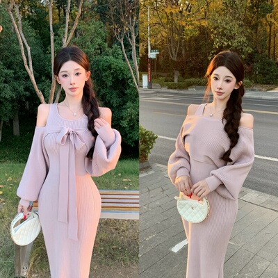 温柔甜美4way裙 绑带灯笼袖罩衫修身显瘦针织连衣裙千金风两件套