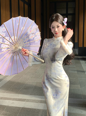 Mimo dk秋冬款原创自制清冷风新中式温柔优雅倒大袖旗袍厚款紫韵