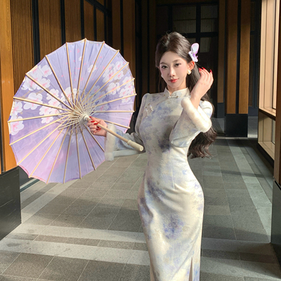 Mimo dk秋冬款原创自制清冷风新中式温柔优雅倒大袖旗袍厚款紫韵