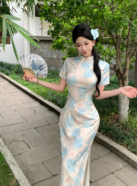新中式国风蓝色晕染印花改良旗袍短袖气质修身显瘦连衣裙日常少女