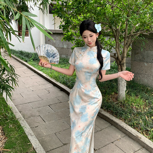 新中式国风蓝色晕染印花改良旗袍短袖气质修身显瘦连衣裙日常少女