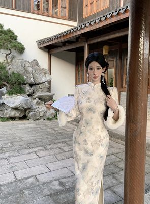 Mimo dk秋冬款原创自制清冷风新中式温柔优雅倒大袖旗袍厚款蓝茶