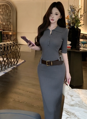 高智御姐法式气质修身显瘦翻领中袖针织连衣裙春夏收腰包臀长裙子