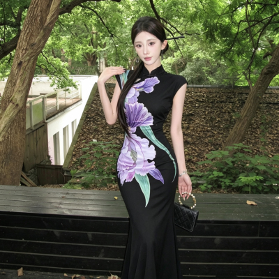 Mimo dk【鸢紫】复古新中式改良旗袍连衣裙女无袖收腰印花长裙子