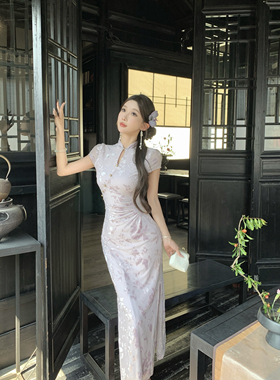 新中式国风紫色提花改良旗袍连衣裙女夏复古气质修身显瘦包臀长裙