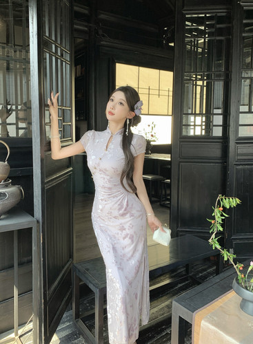 新中式国风紫色提花改良旗袍连衣裙女夏复古气质修身显瘦包臀长裙