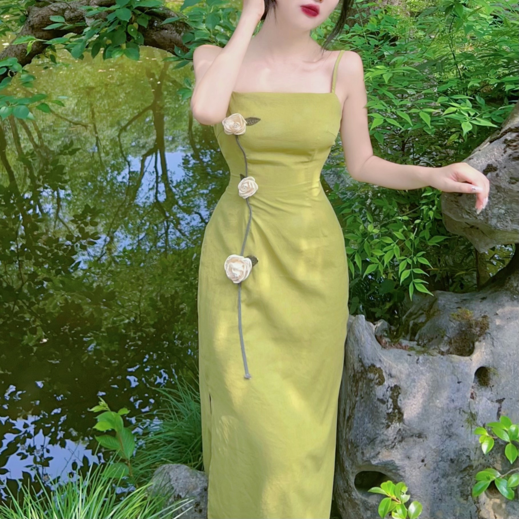 Mimo dk复古套装裙夏中国风绿色新中式吊带裙法式气质显白连衣裙