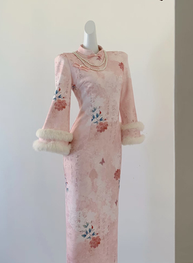 Mimo dk 新中式粉色改良旗袍加厚减龄温柔复古国风连衣裙秋冬新款