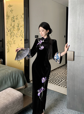 Mimo dk新中式国风黑色高级刺绣丝绒倒大袖改良旗袍连衣裙 兰妃娘