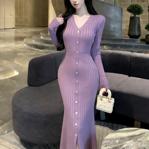 法式纯欲紫色v领长袖针织连衣裙女秋冬显身材鱼尾裙修身包臀长裙