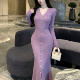 针织连衣裙女秋冬显身材鱼尾裙修身 法式 纯欲紫色v领长袖 包臀长裙