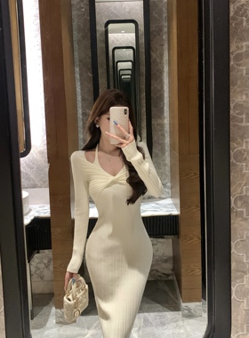 Mimo dk白色v领挂脖针织连衣裙女气质假两件长裙修身包臀裙子