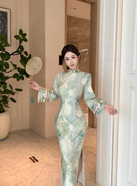 Mimo dk温柔复古新中式秋冬厚款针织提花旗袍 英花绿颜倒大袖修身