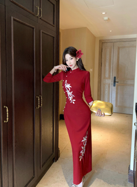 【红百合】新中式红色改良旗袍重工刺绣国风连衣裙结婚敬酒订婚秋