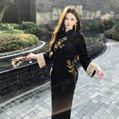 黑色金梅报喜倒大袖 新中式 复古提花高级刺绣显瘦国风旗袍连衣裙