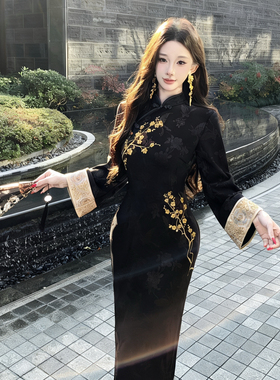 新中式复古提花高级刺绣显瘦国风旗袍连衣裙 黑色金梅报喜倒大袖