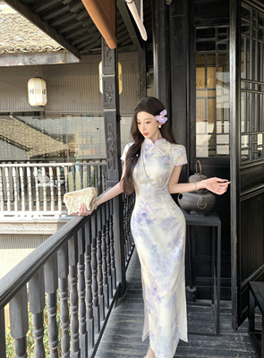 新中式国风【紫香玉】气质温柔显白提花旗袍连衣裙女春夏晕染长裙