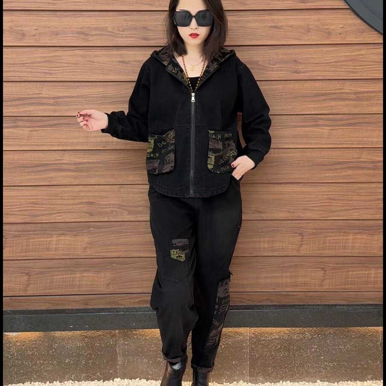 网红爆款拉链时尚减龄牛仔套装女2024春秋新款连帽宽松显瘦两件套