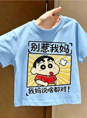 新款纯棉男童短袖T恤 别惹我妈趣味印花中大童男女宝宝百搭上衣服