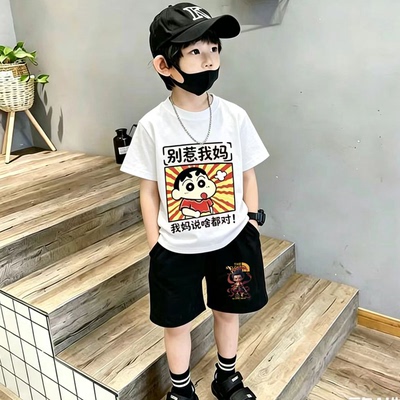 夏季纯棉男童趣味短袖短裤套装
