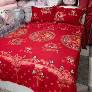 结婚庆被套龙凤喜百子图被面褥子套罩四件套全棉布料大红绿被床单