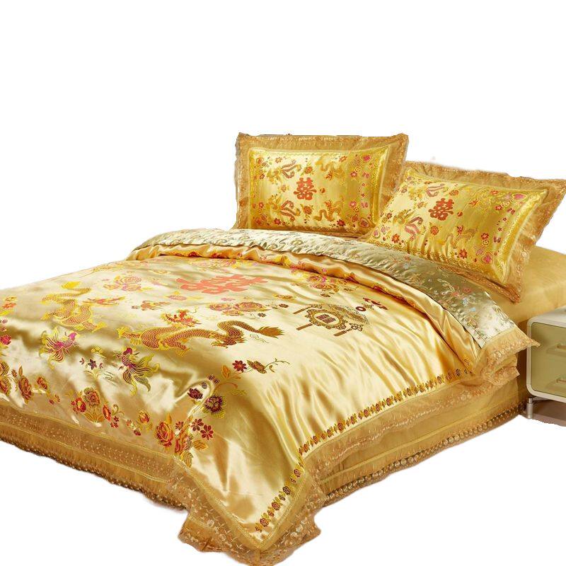 CHINESE BRIDAL QUILT COVER GOLD DRAGON AND PHOENIX DOUBLE FESTIVE SILK SATIN FOUR-PIECE SET OF COTTON SHEETS WEDDING BEDDING