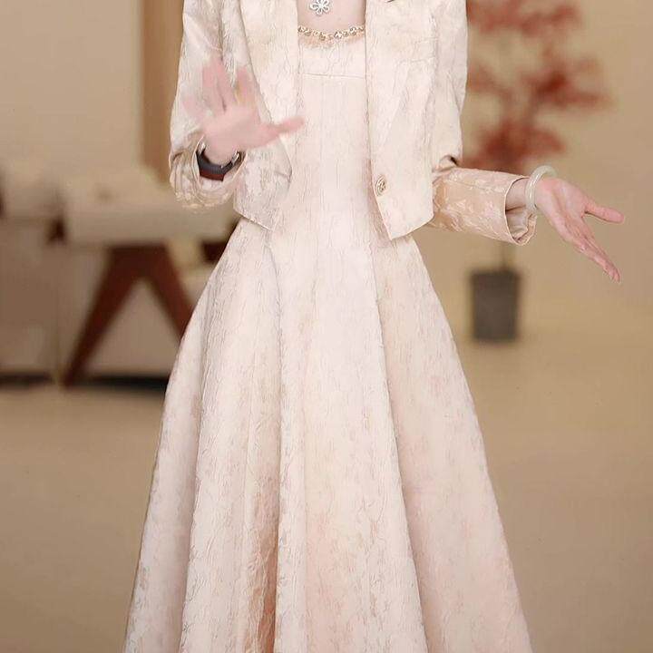 单/套装 时尚国风复古秋冬新款高档修身显瘦吊带连衣裙+马甲外套