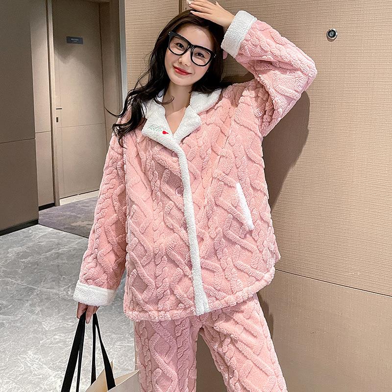 珊瑚绒睡衣女秋冬季加厚加绒长袖保暖可外穿法兰绒家居服套装冬天