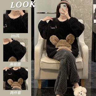 新款珊瑚绒睡衣女春秋冬季加绒加厚可爱冬天学生法兰绒家居服套装