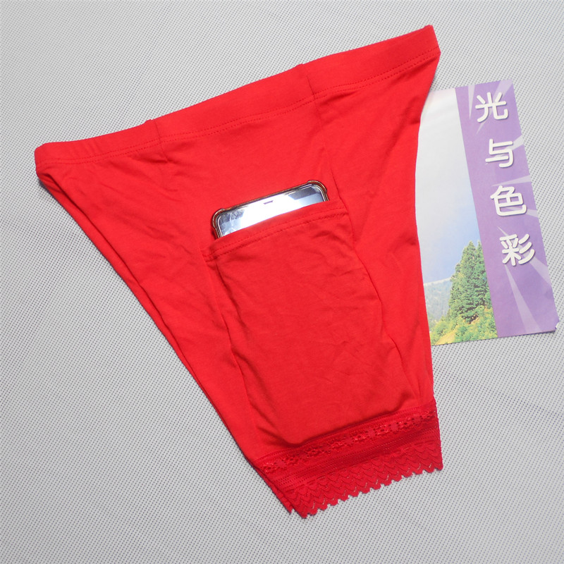 莫代尔中腰平角裤防走光安全裤女带口袋新娘红色蕾丝边打底四角裤
