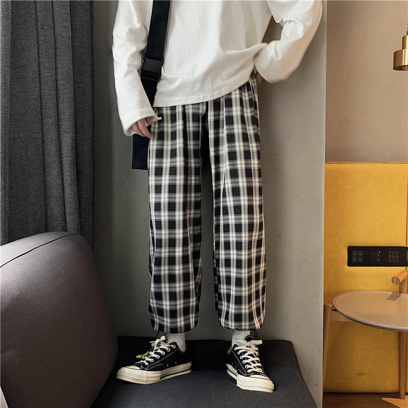 港风情侣格子运动休闲裤中性九分裤休闲裤宽松抽绳束脚灯笼裤图片
