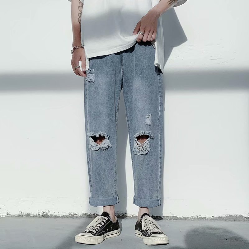 Men's Korean casual student's nine point jeans beggar's hole loose straight pants fashion brand wide leg pants