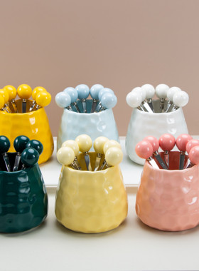 304不锈钢水果叉套装点心叉可爱家用防摔儿童安全高级果签收纳罐