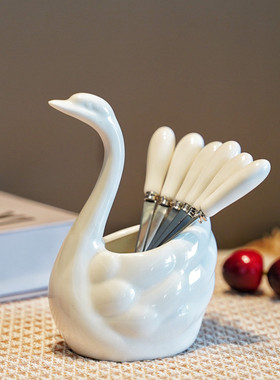 304不锈钢天鹅水果叉套装陶瓷家用安全水果签收纳罐轻奢高级感