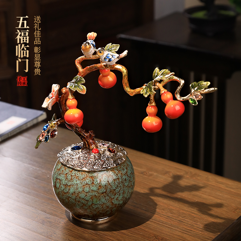五福临门珐琅彩葫芦摆件玄关客厅桌面新中式陶瓷高端乔迁新居礼物